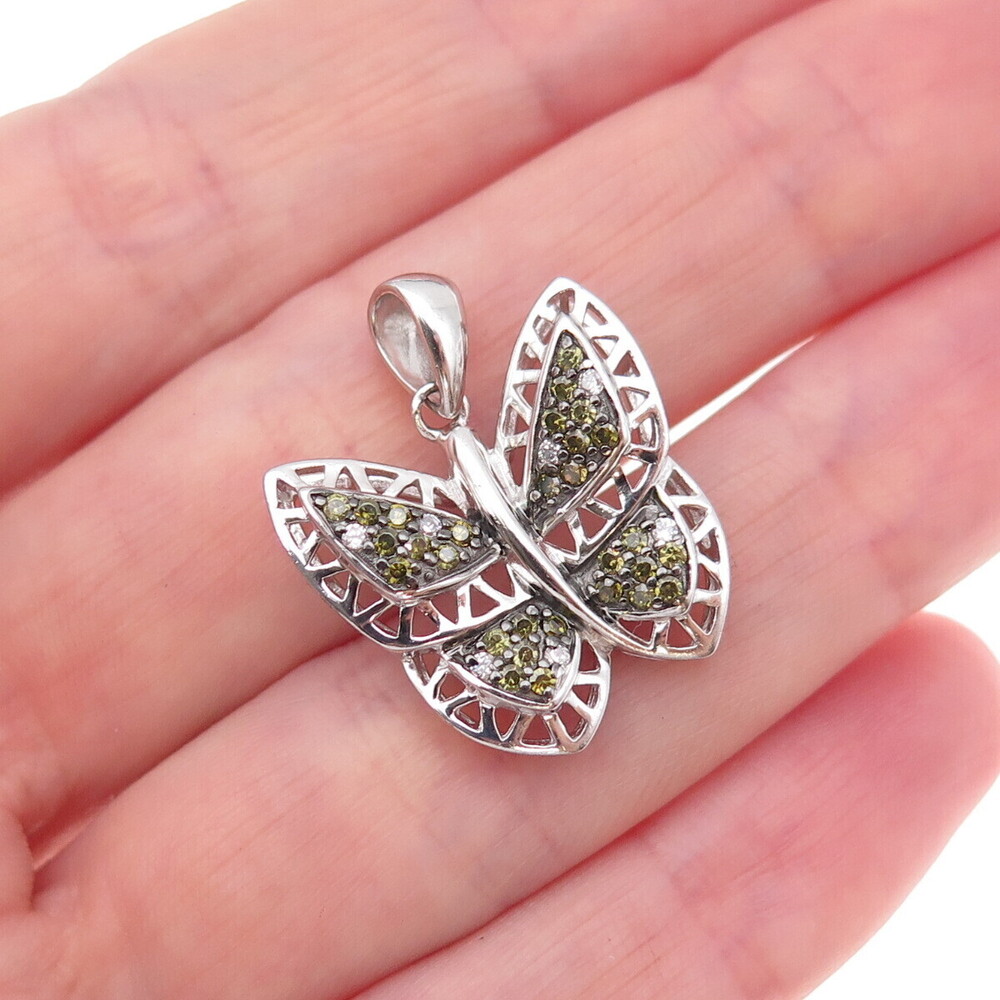 925 Sterling Silver Round-Cut Green & White C Z Butterfly Charm Pendant